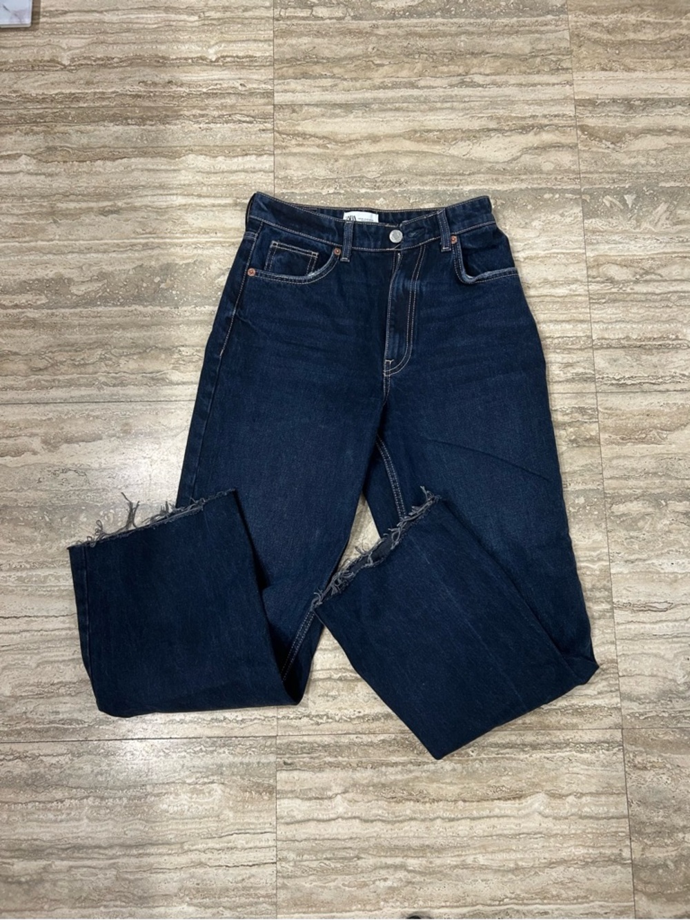 ZARA Dark Blue Straight-Leg high waisted Jeans